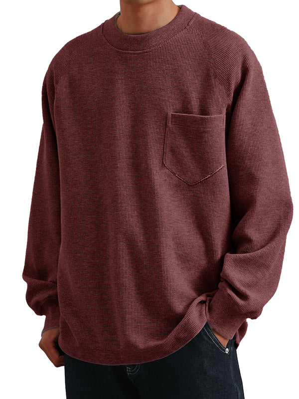 Men's Fashion Casual Waffle Fabric Long-sleeved Pocket T-shirt