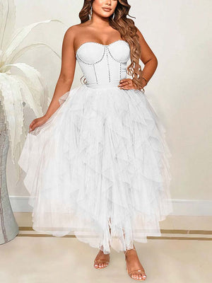 Rhinestone Tube Tulle Prom Midi Dress