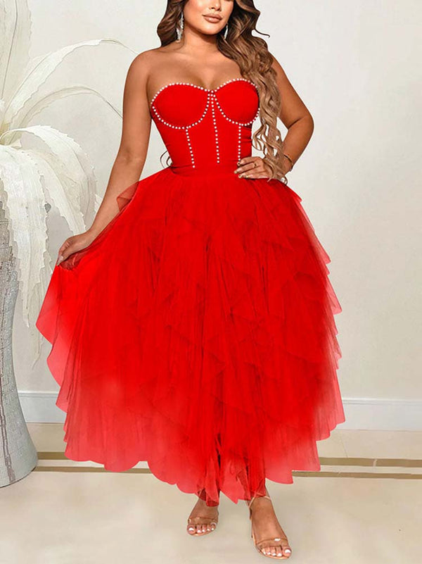 Rhinestone Tube Tulle Prom Midi Dress