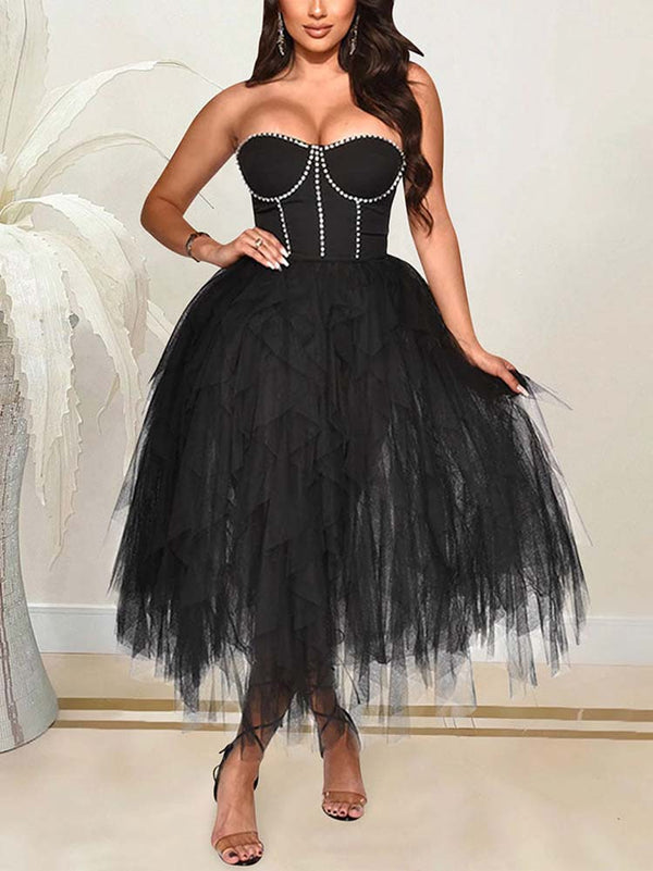 Rhinestone Tube Tulle Prom Midi Dress