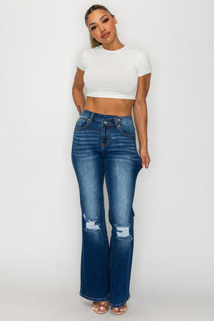 CANANA Stretchy High Rise Crossover Tapered Ripped Bootcut Jeans for Women Flare Leg Regular Size Plus Size