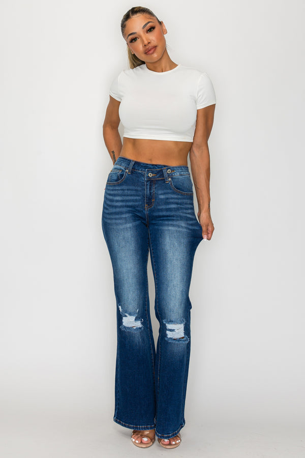 CANANA Stretchy High Rise Crossover Tapered Ripped Bootcut Jeans for Women Flare Leg Regular Size Plus Size