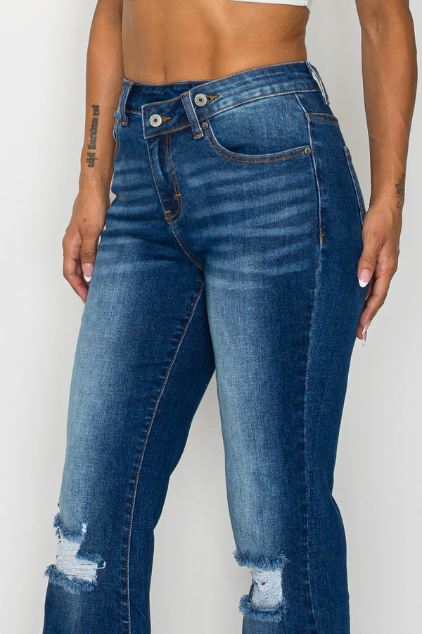 CANANA Stretchy High Rise Crossover Tapered Ripped Bootcut Jeans for Women Flare Leg Regular Size Plus Size