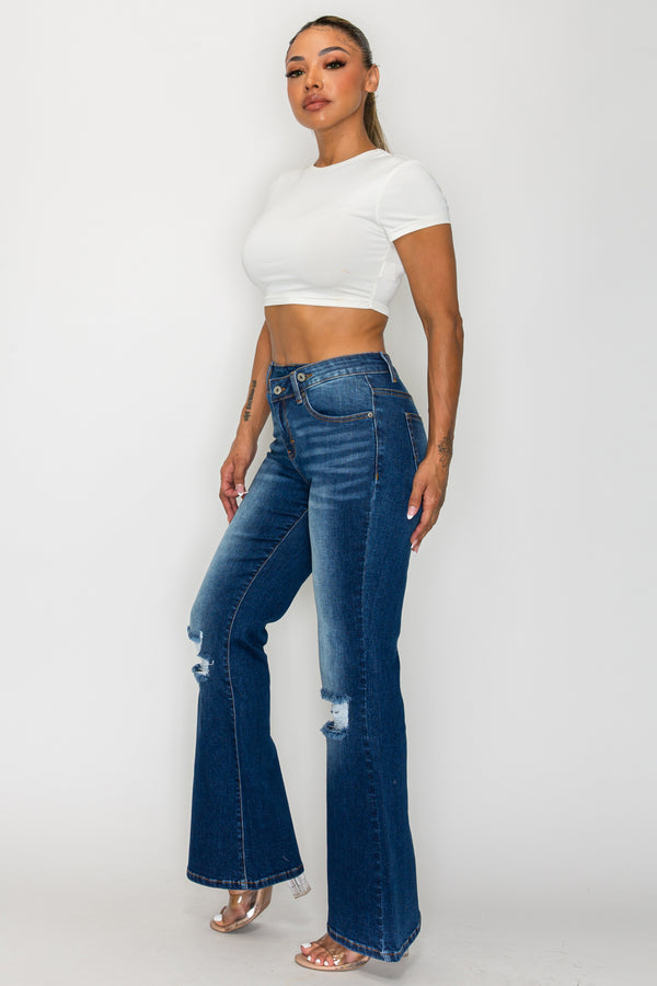 CANANA Stretchy High Rise Crossover Tapered Ripped Bootcut Jeans for Women Flare Leg Regular Size Plus Size