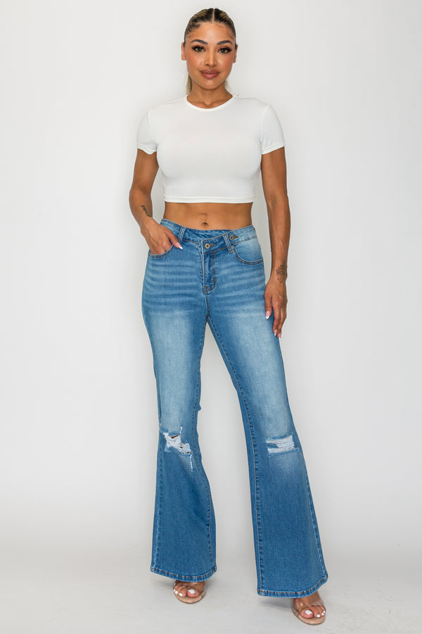 CANANA Stretchy High Rise Crossover Tapered Ripped Bootcut Jeans for Women Flare Leg Plus Size