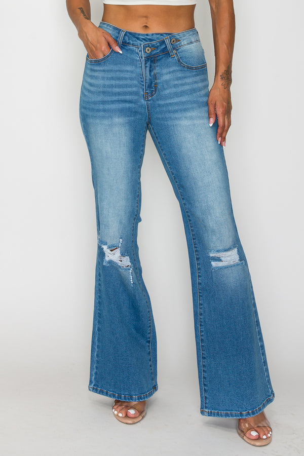 CANANA Stretchy High Rise Crossover Tapered Ripped Bootcut Jeans for Women Flare Leg Plus Size