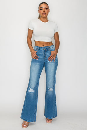CANANA Stretchy High Rise Crossover Tapered Ripped Bootcut Jeans for Women Flare Leg Plus Size