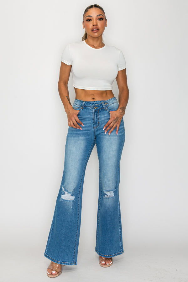 CANANA Stretchy High Rise Crossover Tapered Ripped Bootcut Jeans for Women Flare Leg Plus Size