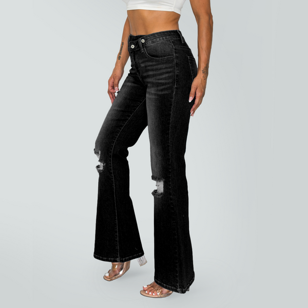 CANANA Super Stretchy High Rise Crossover Tapered Ripped Bootcut Jeans for Women