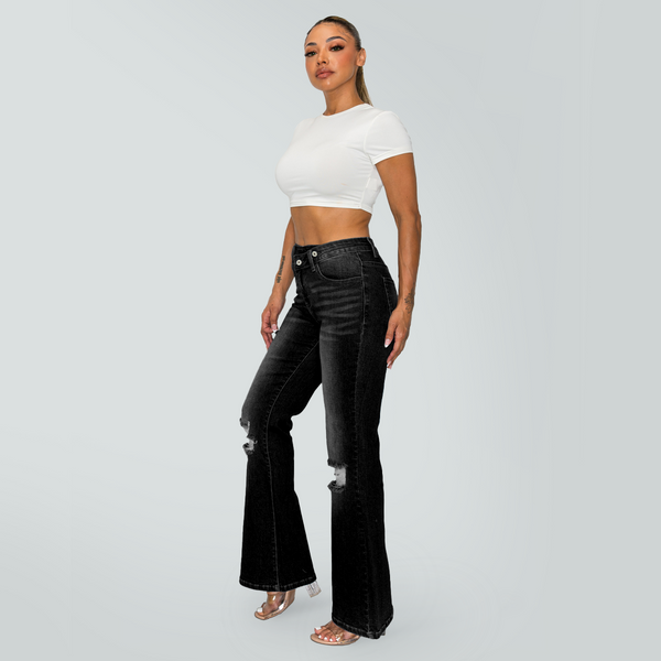 CANANA Super Stretchy High Rise Crossover Tapered Ripped Bootcut Jeans for Women