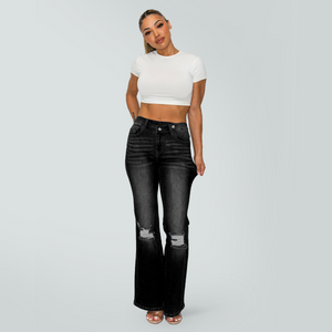 CANANA Super Stretchy High Rise Crossover Tapered Ripped Bootcut Jeans for Women