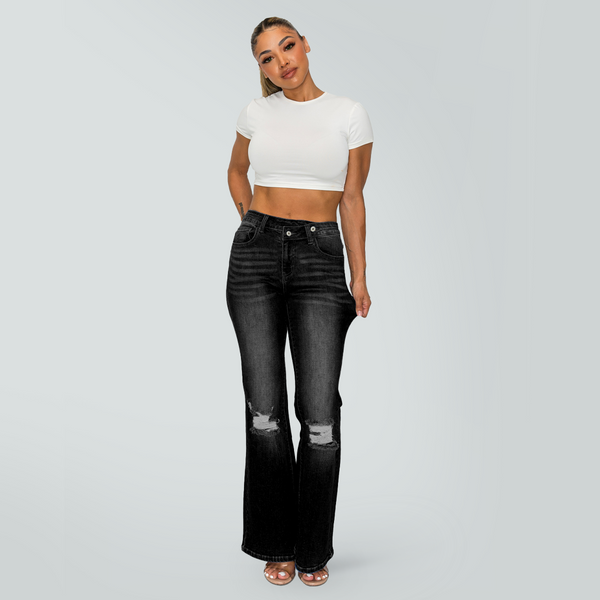 CANANA Super Stretchy High Rise Crossover Tapered Ripped Bootcut Jeans for Women