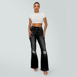 CANANA Super Stretchy High Rise Crossover Tapered Ripped Bootcut Jeans for Women