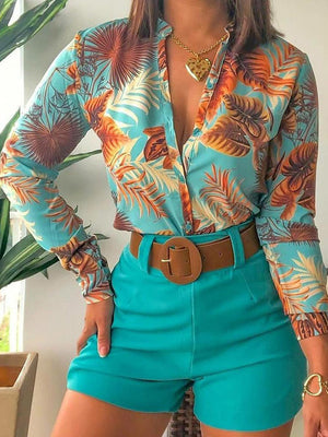 Floral Print Blouse And Short Set