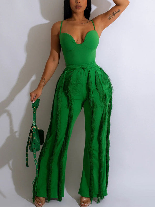 Spaghetti Strap Top Fringe Pants Set