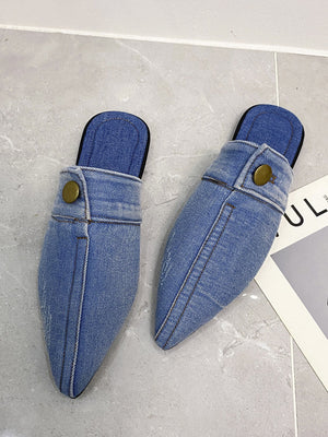 Button Decor Pointed Toe Denim Flat Slides