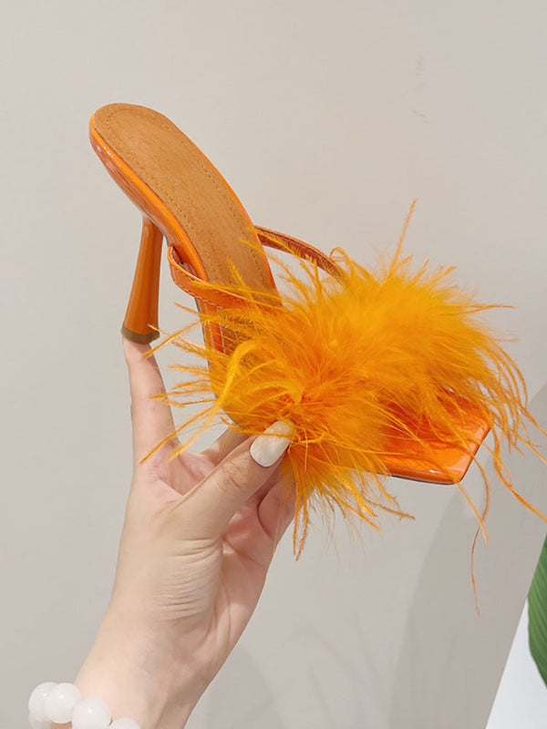 Feather Fur High Heel Mules