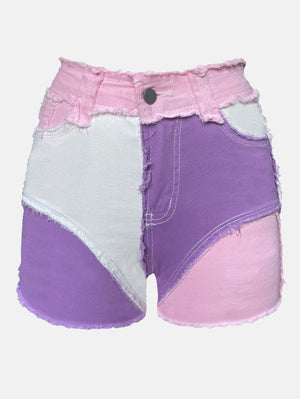 Colorblock Raw Hem Denim Shorts