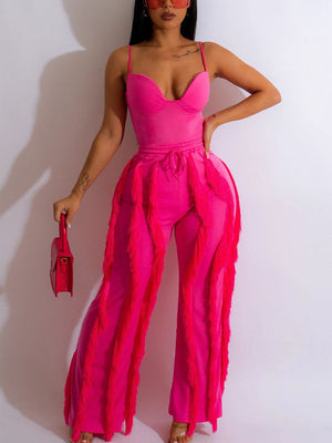 Spaghetti Strap Top Fringe Pants Set