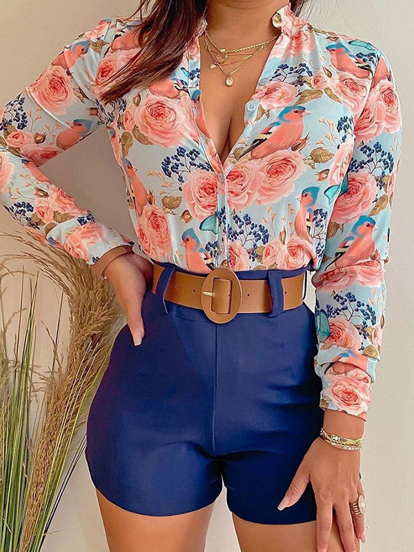 Floral Print Blouse And Short Set