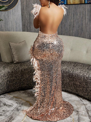 Sequin Feather High Split Dress
