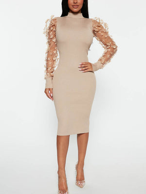 Mesh Puff Sleeve Ribbed Midi Dress