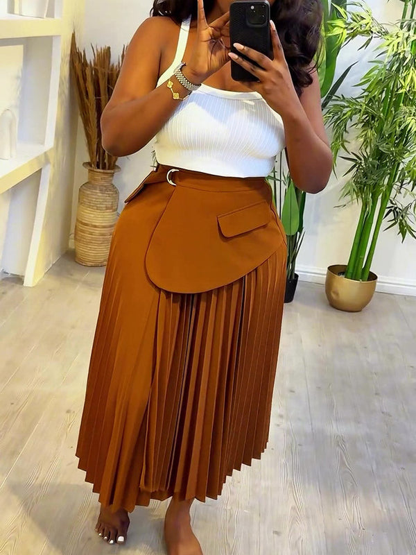 Pleated Belt Midi Skirt