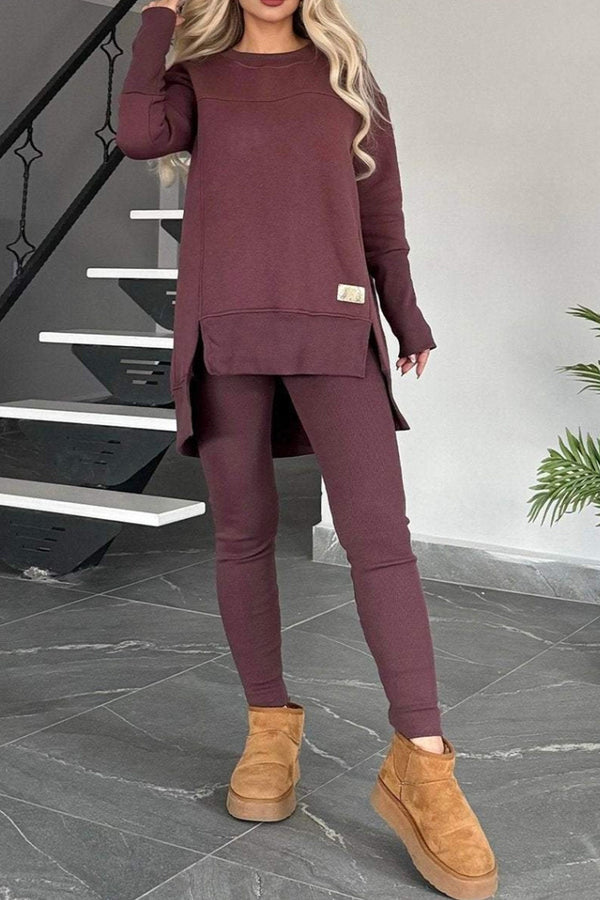 Slit High Low Hem Sweatshirt Bodycon Pants Set