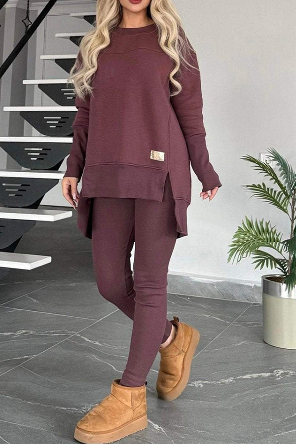 Slit High Low Hem Sweatshirt Bodycon Pants Set