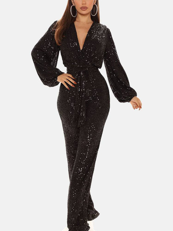 Sequin Long Sleeve V Neck Jumpsuit