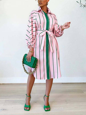 Striped Print Shirt Belted Dress