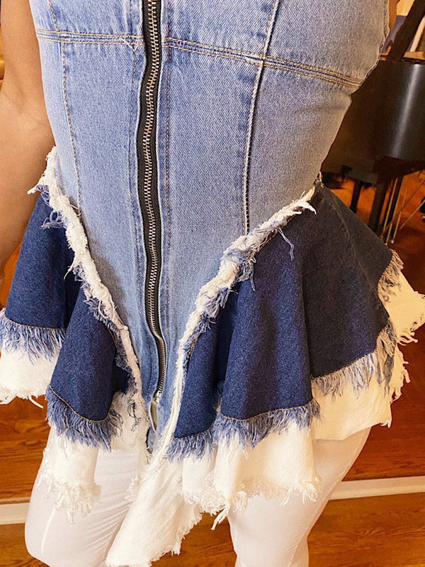 Zipper Washed Denim Top