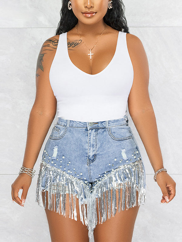 Sequin Tassel Pearl Denim Shorts