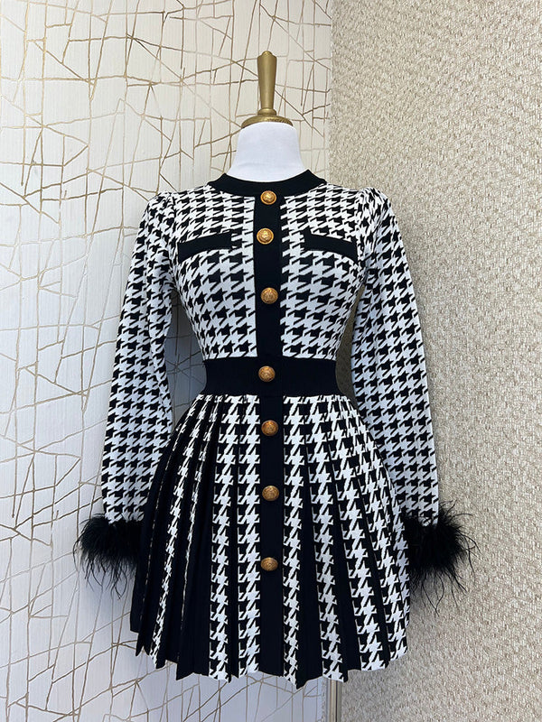 Houndstooth Button Front Pleated Dress