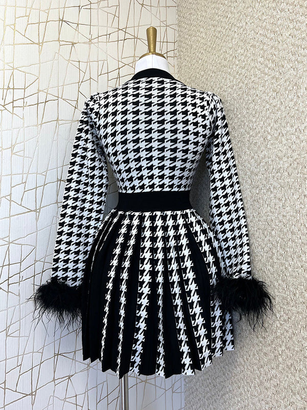 Houndstooth Button Front Pleated Dress