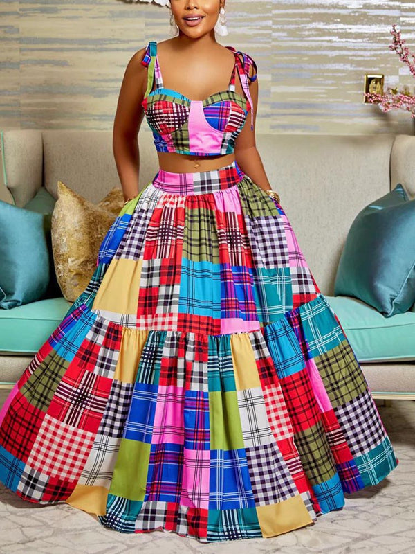 Plaid Color Block Dress Set