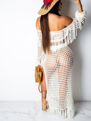 Mesh Tassels Crop Top & Skirt Beachwear Set