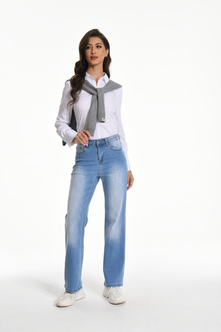 Women's Straight Leg Jeans Mid Waist Loose Stretchy