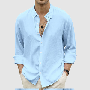 Men's summer casual button-up shirt long sleeve solid color holiday shirt