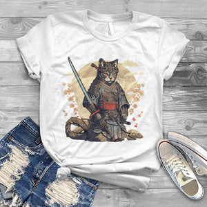 100% Cotton Funny Japanese Samurai Ninja Cat Print T-shirt