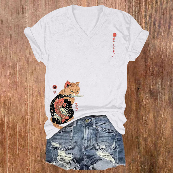 Japanese Samurai Cat Print V-neck T-shirt