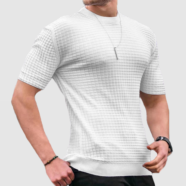 Men's New Small Square Lattice T-shirt Round Collar Casual Half-Sleeve Top