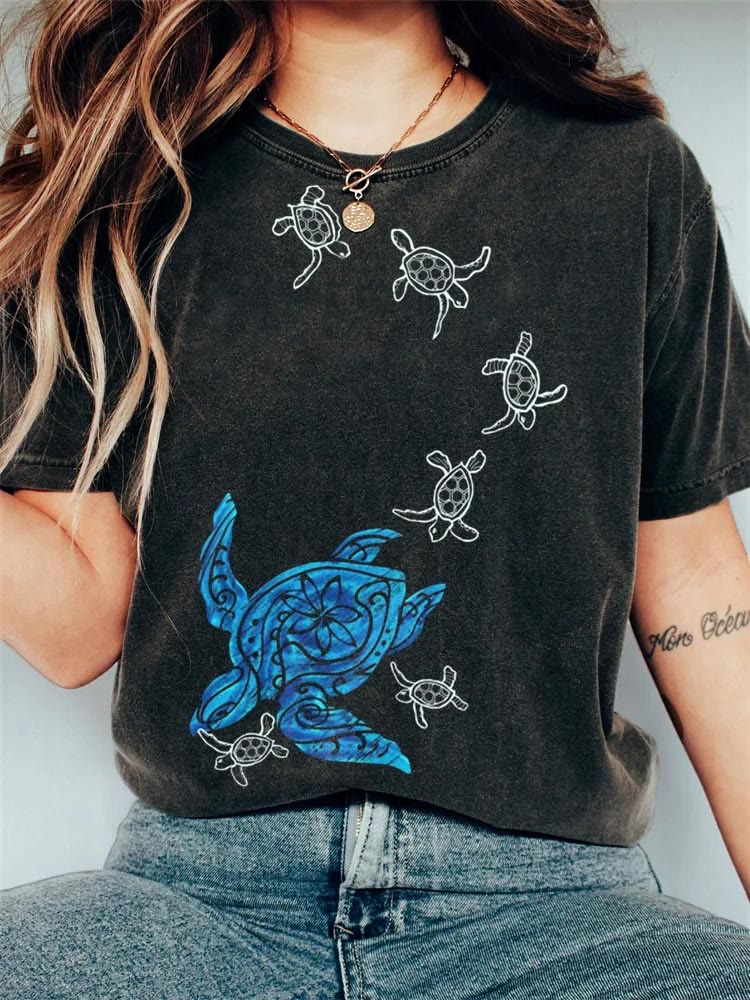 Lovely Sea Turtle Family Graphic Vintage Print T-shirt