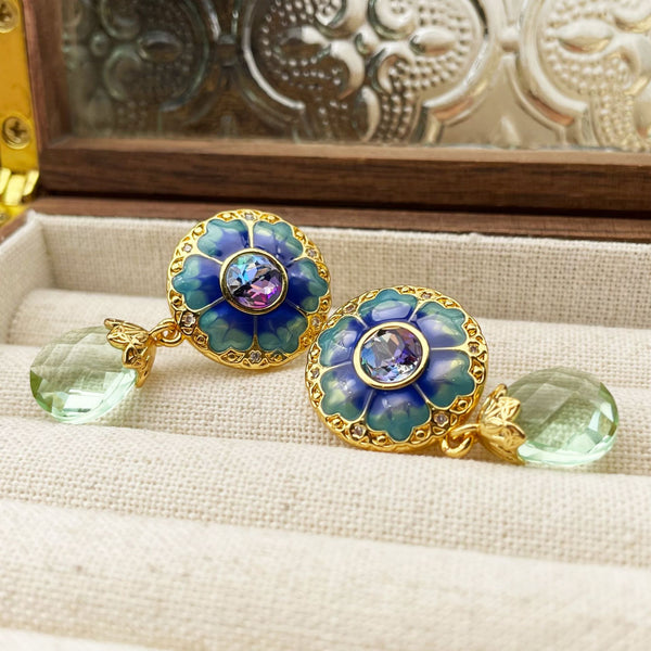 Blue flower drop enamel earrings