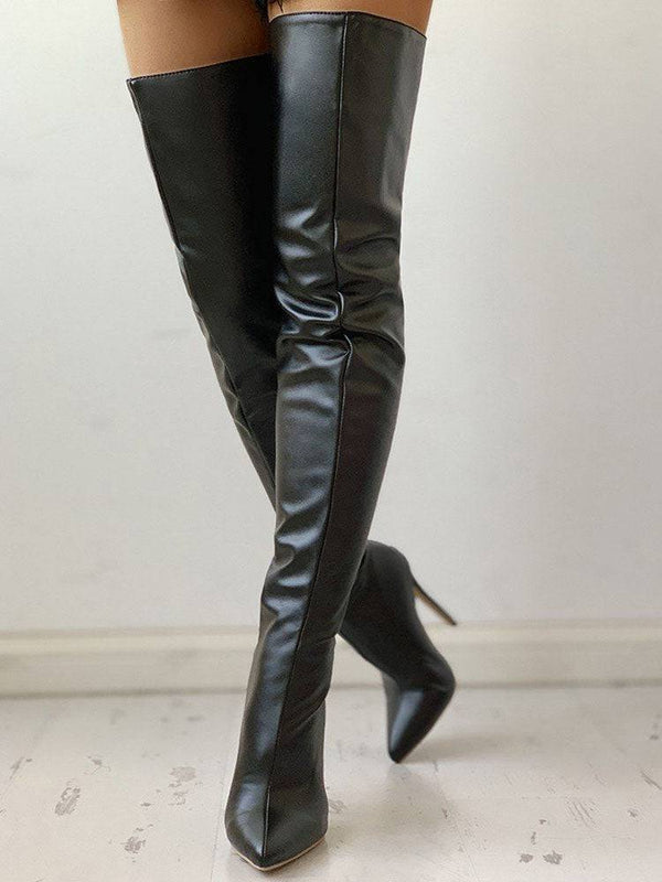 PU Zipper Stiletto Heeled Over Knee Boots