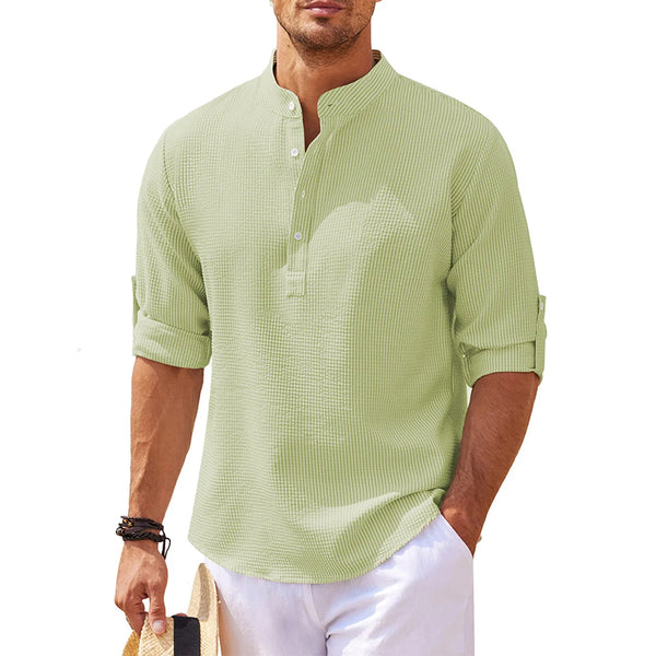 Men's Linen Henley Shirt Long Sleeve Casual Hippie Cotton Beach T Shirts Vertical Striped Hawaiian Shirts