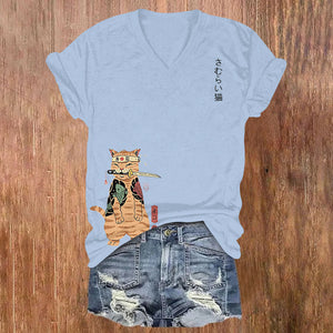 Japanese Cat Print V-neck T-shirt