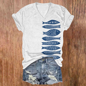 Fish Japanese Lino Art Print V-neck T-shirt