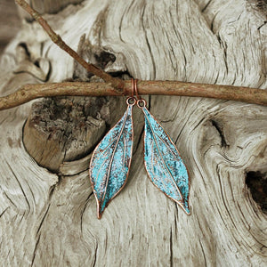 Retro Blue Aged Leaf Pendant Earrings