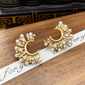 Vintage Gold Half-moon Pearl stud earrings